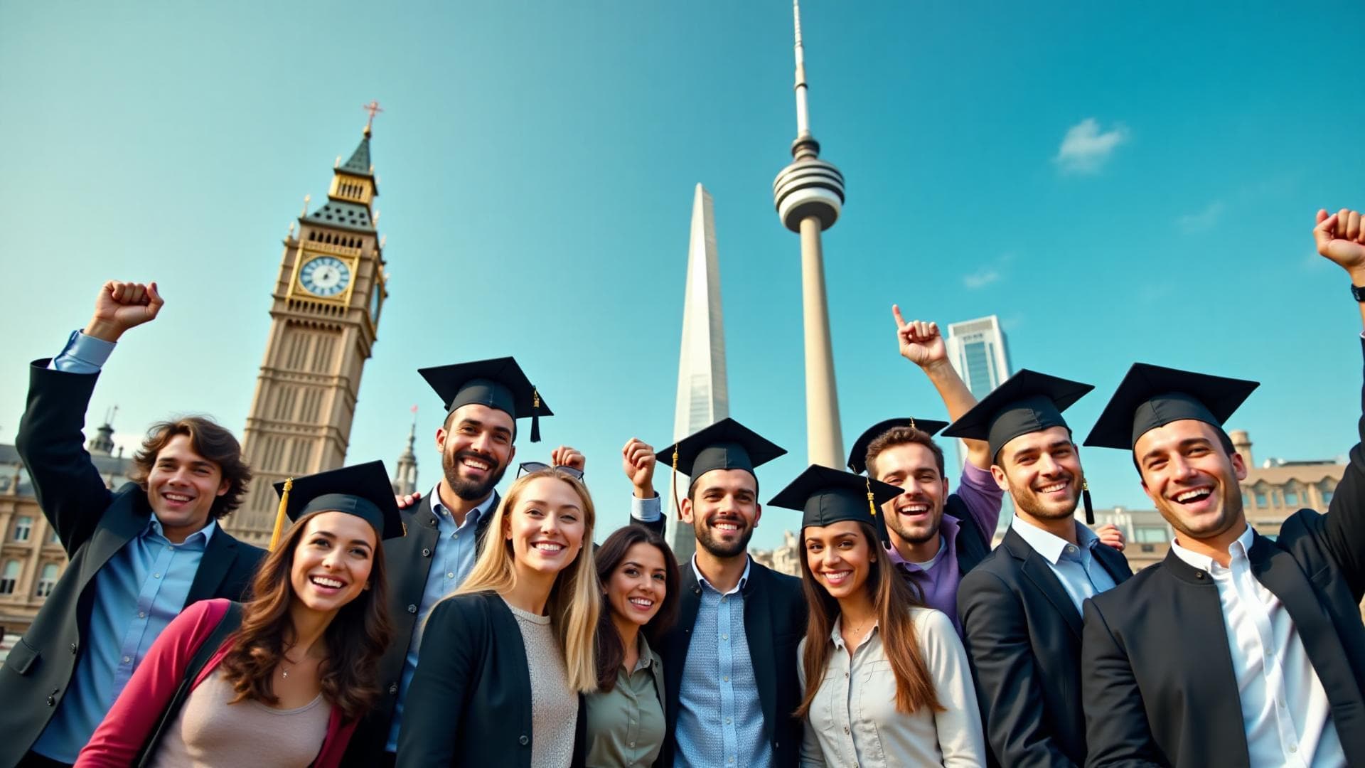 International students celebrating graduation with global landmarks